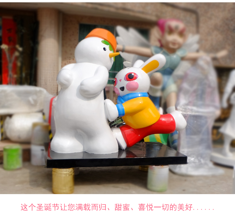 雪人与兔卡通商场玻璃钢雕塑