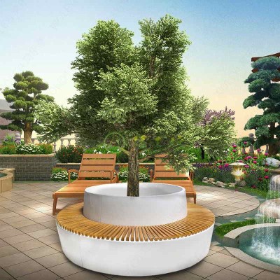 玻璃钢圆形木面树池靠背座椅花坛景观坐凳