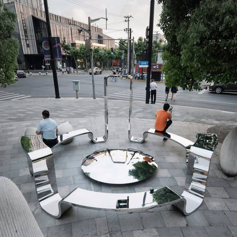 不锈钢异形户外坐凳金属镜面飘带景观广场休闲座椅