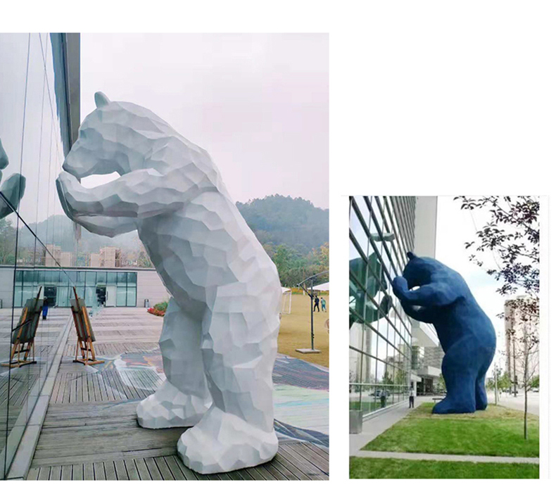 玻璃钢几何熊雕塑切面不锈钢动物景观摆件