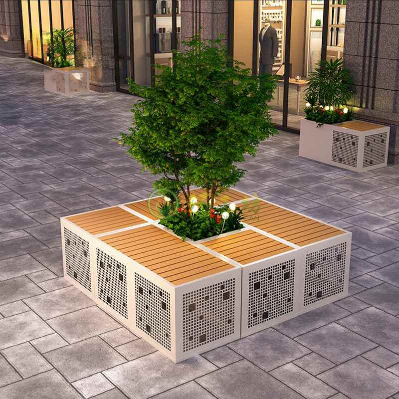 不锈钢方形镂空坐凳花坛树池座椅